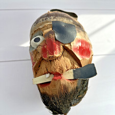 Vintage Hand Carved Coconut Pirate Head W/ Shell Eye Mid Century Tiki Bar Decor picture