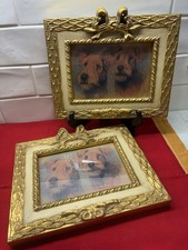 Vintage Pair Gold Gilt Bow Frame Airedale Terriers Dogs Print 6.5