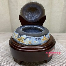 2.3LB  Natural Agate Treasure Basin Geode Crystal Cluster Specimen With Wooden B picture