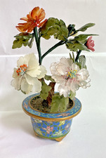 Vintage GUMP's Serpentine Jade &Precious Stone Flowers in Cloisonne Pot-MidCnty picture