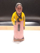 Vintage Hand-Carved Wooden Korean Woman Figurine Traditional Hanbok Folk Art picture