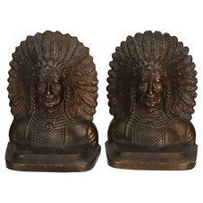 Antique Arts & Crafts Bronze Native American Chief Bookends c1920 picture