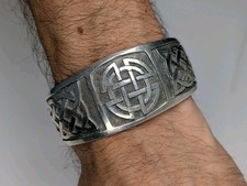 Vtg Hopi Sterling Silver Overlay Celtic Knot Cuff Bracelet Heavy 56g Sz 7.5