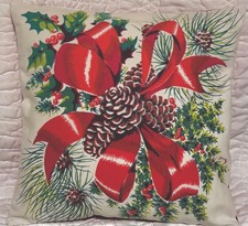 Vintage Christmas Tablecloth Pillow Cover -Pinecones, Big Red Bow (1) picture