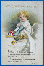 Vtg Clapsaddle Christmas Morning Child Opens Stocking Toys Bed PC A/S Emb c1915 picture