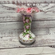 Fenton Hand Painted Pink Floral Flower Rose Milk Glass Clear Ruffled Rim 8