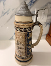 German-Style Lidded Beer Stein with Pewter Lid Relief Scene Marked 2Liter picture