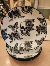 ZRIKE HALLOWEEN SKULL BUTTERFLY FLORAL SET OF 4 CERAMIC DINNER BOWLS GOTHIC picture