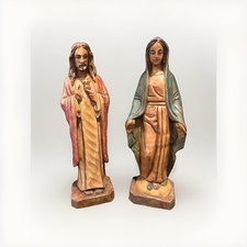 Vintage Faux Wood Carved Virgin Mary & Sacred Heart Of Jesus-Resin Statue Lot picture