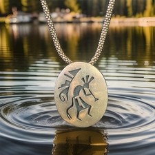 Hopi Vintage Signed Kokopelli Oval Overlay Pendant Sterling 925 w 28” Rope Chain picture