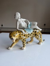 Vintage Porcelain Figurine Boy Riding Leopard Cheetah Hand Painted Collectible  picture