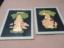 Vintage Pair Framed Bernard Japanese Geisha Man & Woman Hand Colored Prints  picture