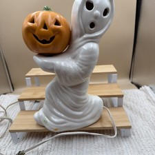 Vtg Ceramic Light Up Running Ghost with Jack O Lantern Pumpkin 12