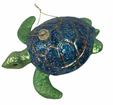 Bedazzled Jeweled Turtle Tropical Christmas Ornament, Green Navy Blue w Glitter picture