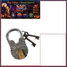 Antique Reproduction Wine Cellar Padlock 2 Skeleton Keys 4-1/8 Inch Rust Finish picture