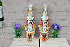 Rare pair antique Vieux paris porcelain putti Lion Candle holders vases  picture