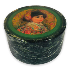 Vintage Marble Trinket Box Small Green Veined Asian Girl Design Heavy Solid picture