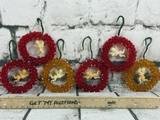 RARE 6 Vtg 1960’s Beaded & Wire WREATH w/ANGELS Handmade Christmas Ornaments MCM picture