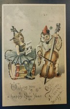 1900s Happy New Year Postcard Pierrot Clown Cello Costumed Girl Drum Mica Trim  picture
