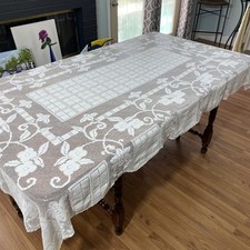 Vintage 1930–1940s  Ivory Lace Tablecloth 91”x 58”. Gorgeous Filet Style picture