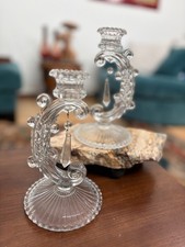 2 Vtg Pair Cambridge Virginian Candle Stick Holders Drop Prisms Art Deco Nouveau picture