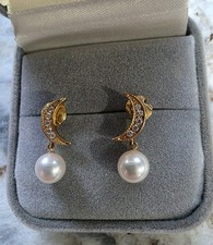Mikimoto Akoya 7mm Pearl Diamond Moon earrings K18 18K picture