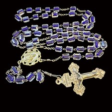 Vintage Two Tone Blue and Clear Crystal Bead 24 Inch Rosary with Pardon Crucifix picture