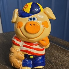 Ceramic Pig Piggy Bank Figurine w/ Coin Slot Baseball Cap Red Striped Shirt picture