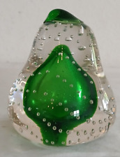 Art Glass Green Clear And  Bubble Pear Decorative Paperweight 3.25