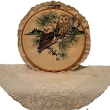 Vtg Owl Landscape Round Fabric Wall Art Hanging Framed With Eyelet Trim 3D picture