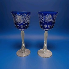 2 Bohemian Crystal Cobalt Blue Cut To Clear Glass Wine Goblets picture