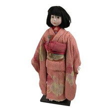 Japanese Ichimatsu Ningyo Doll Vtg Pink Silk Kimono Glass Eyes Gofun Face ID698 picture