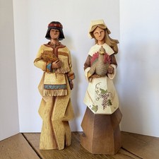 Pair - Pacific Rim Cubist Native American Man & Pilgrim Women THANKSGIVING 12” picture