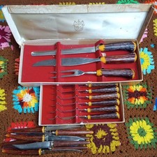 Vtg Faux Horn Bakelite Washington Forge Carving Set + 11 Lifetime Cutlery Knives picture