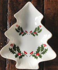 Vintage Ceramic Porcelain Christmas Tree Shaped Dish “Christmas Holly” Japan picture