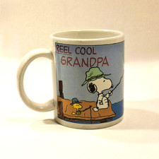 Vintage Snoopy Woodstock Reel Cool Grandpa Fishing Mug Peanuts 1980s 1990s picture