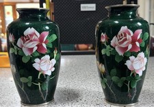 Authentic Pair of Japanese SIGNED Sato Ginbari Cloisonné Rose Vases picture