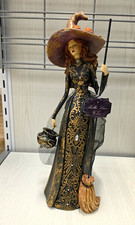 Bella Lux Halloween Witch Resin Figurine, Black & Gold Dress w/ Broom, Cauldron picture