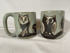 Set Of 2 Mara Of Mexico Owls Mugs Stoneware Art pottery 16oz Handcrafted Signed picture