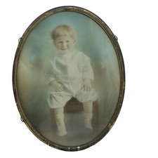 Antique Child Toddler Portrait Photo Oval Metal Frame Glass picture