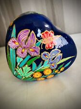 VTG Hand Painted Mache Trinket Box Gold Blue Floral Heart Shaped Irises India picture