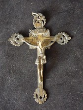Antique Cast Brass Crucifix Cross INRI Jesus Sunburst Halo Ornate French 2.5x3.5 picture