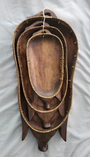 Vintage Set 3 Nesting Carved Wood Pig Basket Serving Trays Fruit Wicker Braided picture