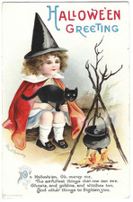 Atq Halloween Postcard Young Witch Blk Cat Campfire Cauldron IAP 1301 Posted picture