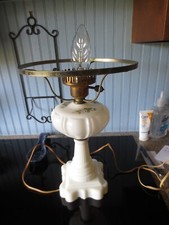 Vtg. WHITE Floral MILKGLASS  TABLE LAMP w/HURRICANE SHADE - 23