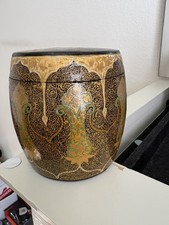  Antique Late 19th Century Kashmir Paper Mâché Tobacco Canister Jar Brass inside picture