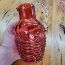 Antique Victorian Cranberry Glass Jug Pitcher Pontil Applied Clear Handle 7” picture