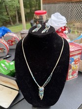 Vintage Handmade Beaded Silver Native American Necklace And Earrings Set picture