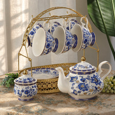 English Porcelain Tea Set Blue Floral Vintage Style China Teapot Gift for Her picture