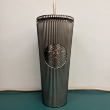 Starbucks Bronze Pleated Ribbed Stripe 24oz Cold Cup Tumbler Lid Straw Metallic picture